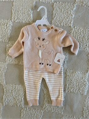 Rene Rofe Baby Peach Knit Deer Sweater & Striped Pants Set